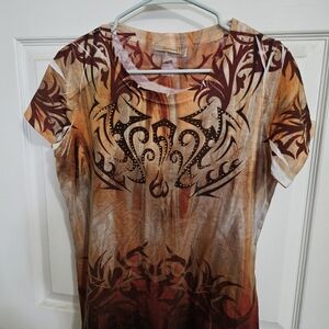 Dressbarn Brown Tan Graphic Short Sleeve Tee